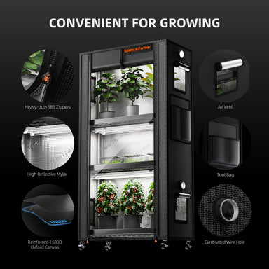 Spider Farmer 4-Tier Plant Stand with Grow Lights (108W) & 1680D Grow Tent convenient for growing with features highlighted 