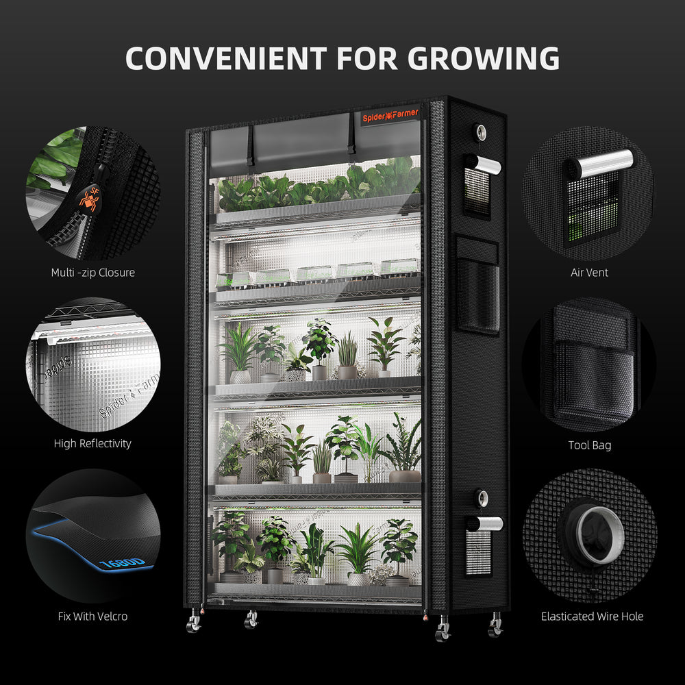 Spider Farmer 6-Tier Plant Stand with Grow Lights (220W) & 1680D Grow Tent convenient for growing showing all the features 