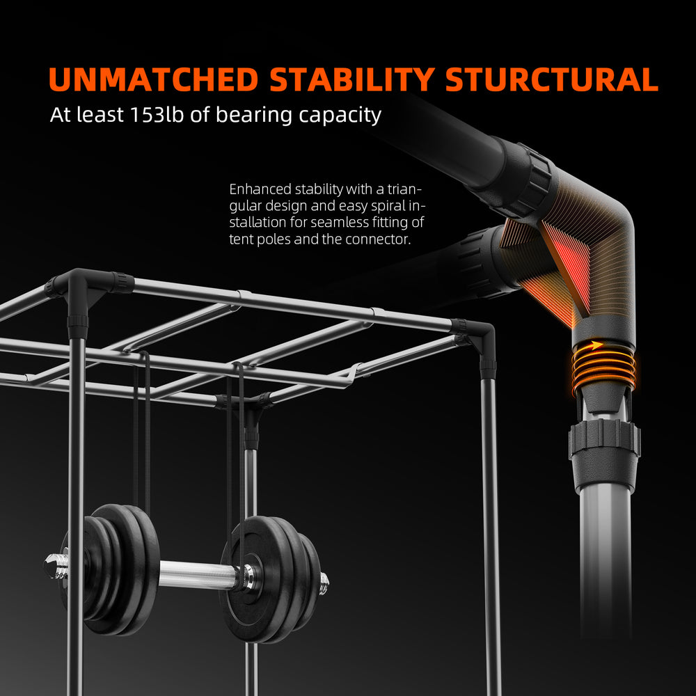 Spider Farmer 4' x 8' Complete Grow Tent Kit – Dual SF4000 LED Smart GGS Grow System Structural support system with text highlighting stability and bearing capacity on a black background