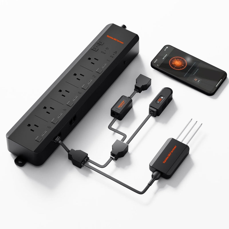 Spider Farmer Smart Hydroponic Grow Tent Kit G8600 800W LED 5’x5’x6.5′ Black power strip with multiple outlets and switches, connected to a smartphone displaying control app on a white background.