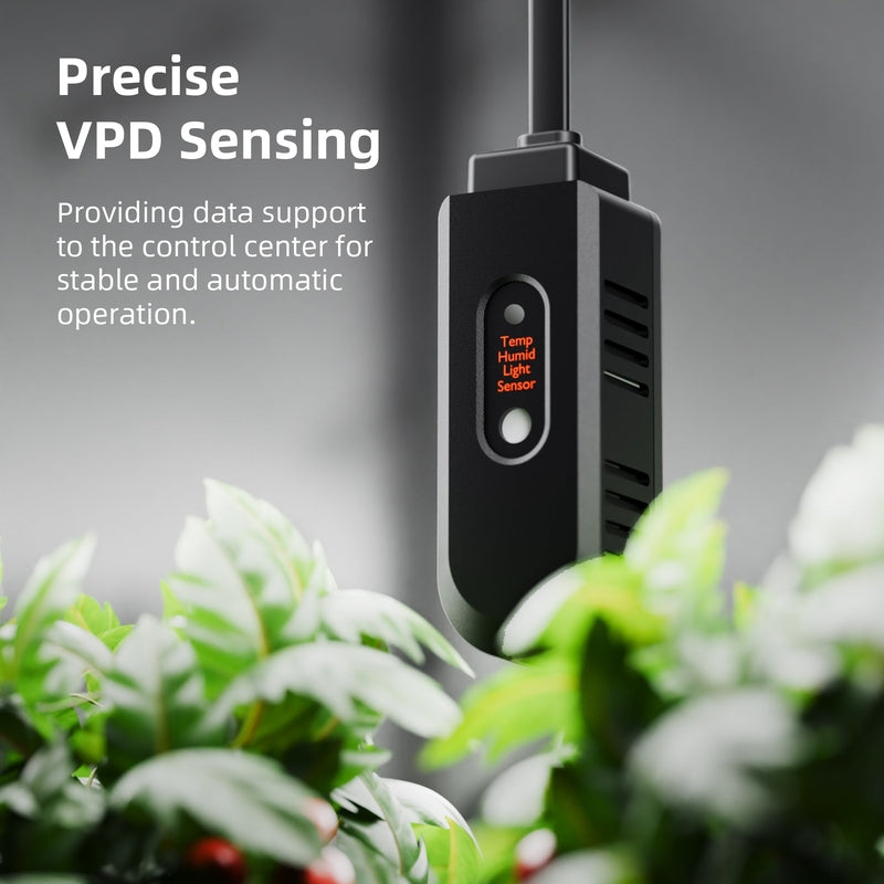 Spider Farmer Smart Grow Tent Kit 5′x5′x6.5′ with G8600 800W LED Black device with digital display in a plant setting, labeled 'Precise VPD Sensing'.