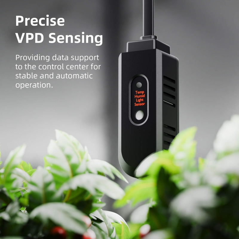 Spider Farmer 5'x5' Grow Tent Kit – SF7000 Full Spectrum LED Black device with digital display in front of green plants, labeled 'Precise VPD Sensing'.