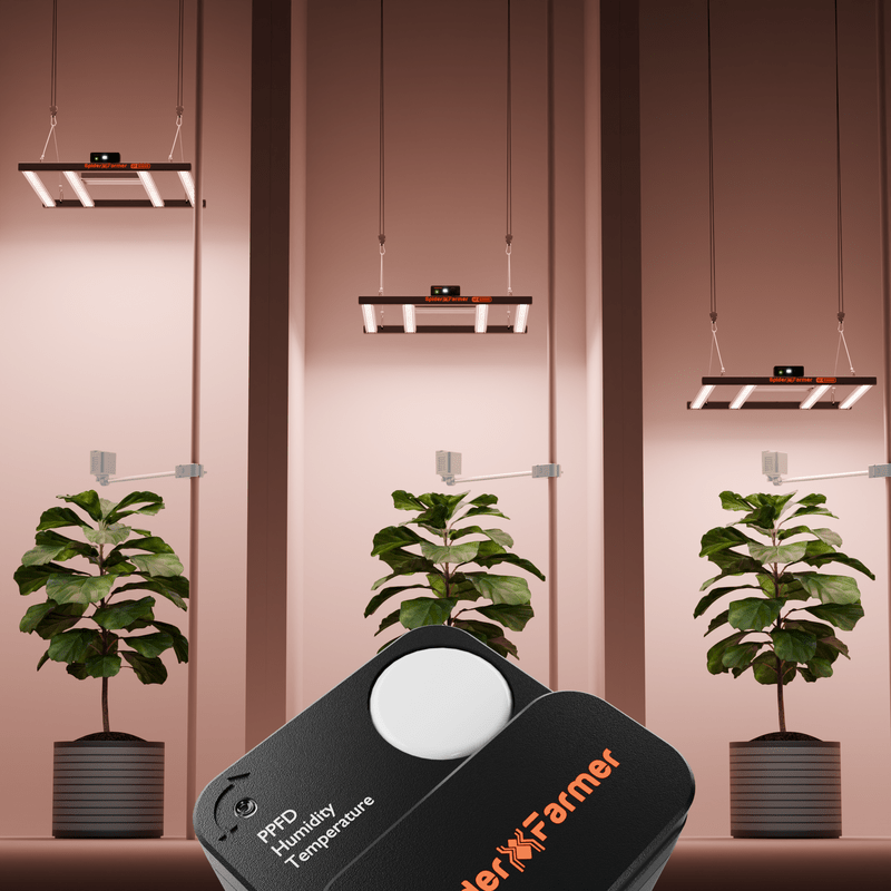 Spider Farmer GGS SensorPro Kit – CO₂ Sensor & PAR Meter Lighting fixtures hanging from the ceiling with plants on a pink background, featuring a device labeled 'Spider Farmer'.