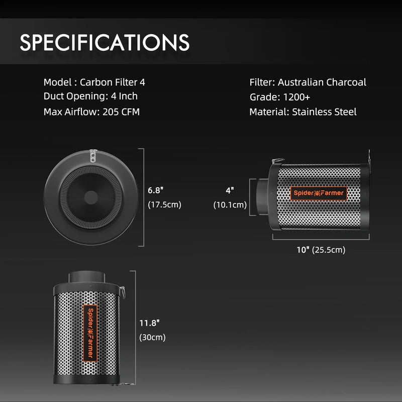Spider Farmer 4-Inch 205 CFM Inline Fan Kit W/ Carbon Filter / Smart controller carbon filter specifications