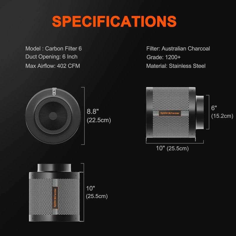 Spider Farmer 6 Inch Refillable Carbon Filter Odor Control specifications