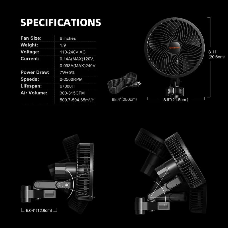 Spider Farmer G-1500 CP Complete Grow Tent Kit clip fan6 specifications