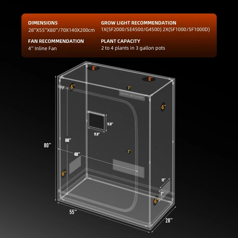 Spider Farmer G4500 Smart Hydroponic DWC Grow Tent Kit W/ Ventilation System / Thermostat Controller 2x4 dimensions