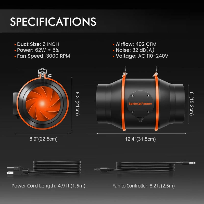 Spider Farmer SE7000 Complete Grow Tent Kit W/ Ventilation System / Thermostat Controller 5x5 inline fan specifications