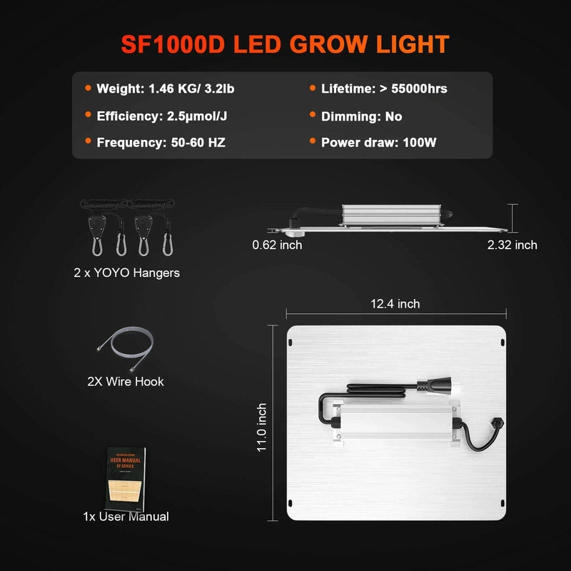 Spider Farmer SF-1000D LED Grow Light 100W package includes