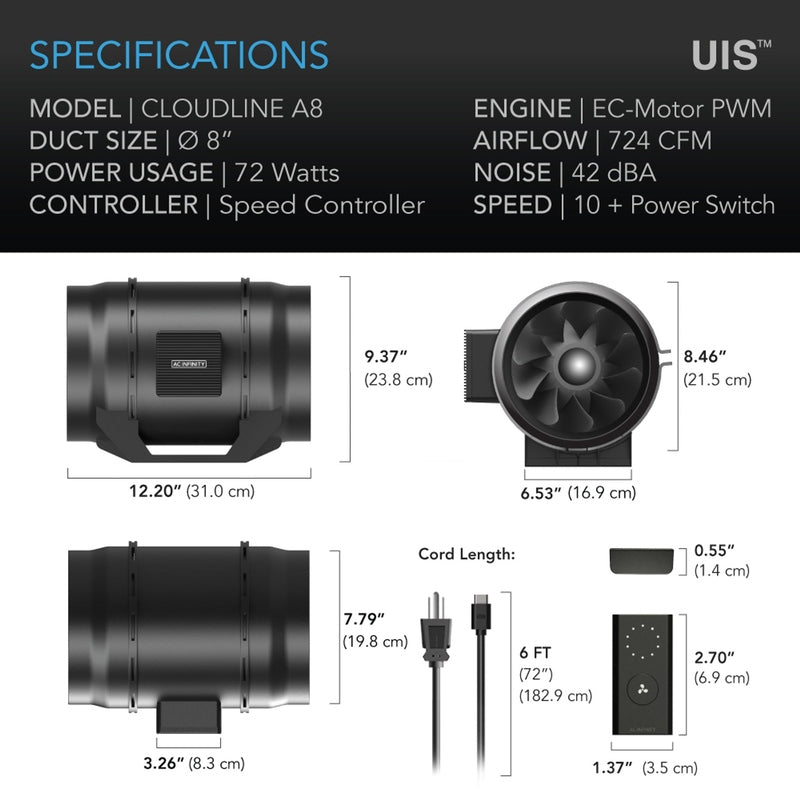 AC Infinity CLOUDLINE A8, Quiet Inline Fan with Speed Controller, 8-Inch specifications 