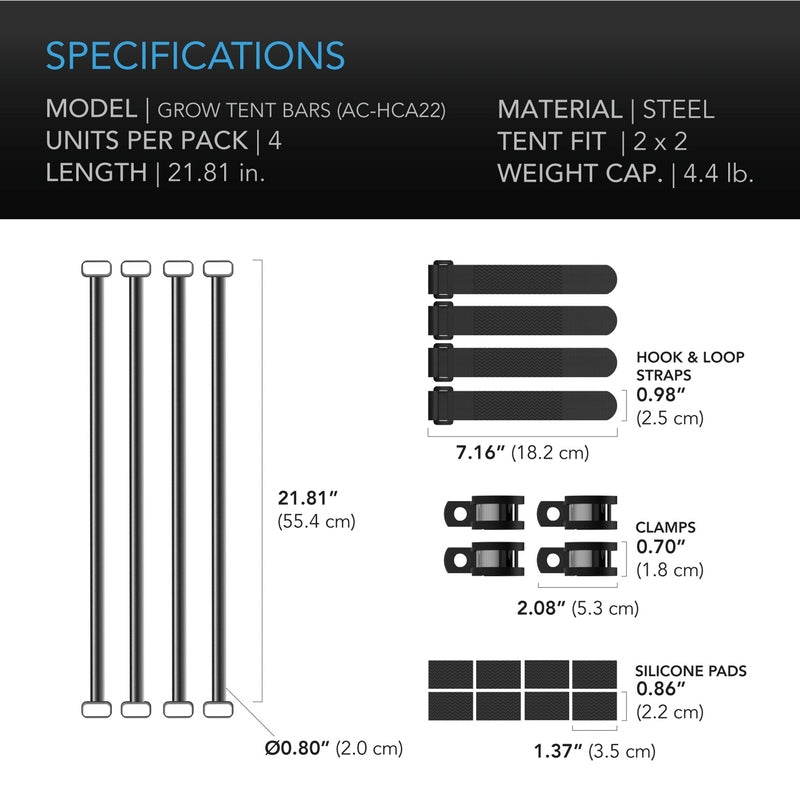 AC Infinity Grow Tent Mounting Bars, High Airflow CFM Kit, 2x2' specifications 