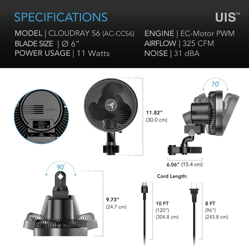AC Infinity CLOUDRAY S6, Gen 2 Grow Tent Clip Fan 6” specification 