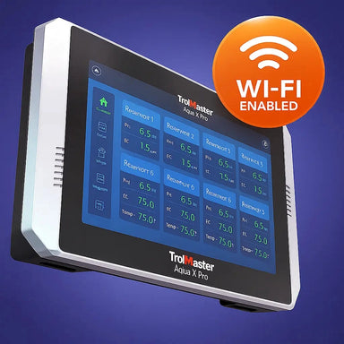 TrolMaster Aqua-X Pro Irrigation Control System (NFS-2) – Advanced Multi-Zone Automation, 300+ Device Capacity on a blue background