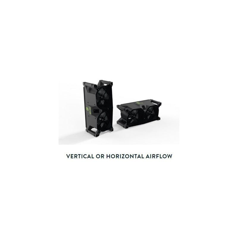 Two Quest F10 Dual-Axial Air Mover Black dual-fan cooling system on a white background on a white background with text 'Vertical or Horizontal Airflow
