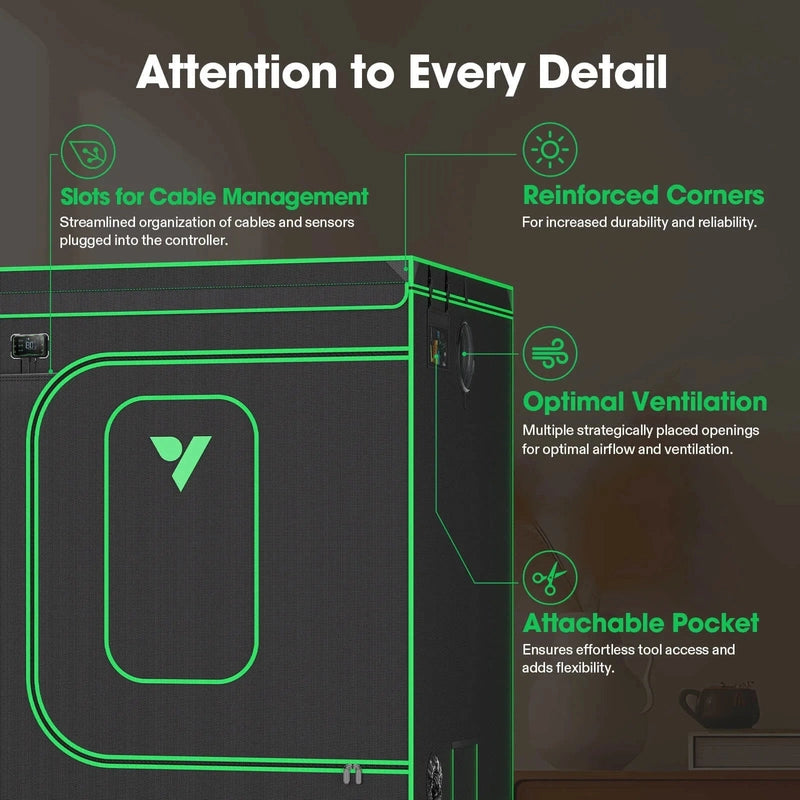 Vivosun Smart Grow Tent Kit GIY-SGS-105 Pro 5x10, 12-Plant Complete System attention to detail showing features 