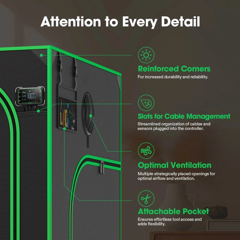 Vivosun Smart Grow Tent Kit GIY-SGS-44 Pro 4x4, 4-Plant Complete System 2x 200W AeroLight attention to detail showing features 