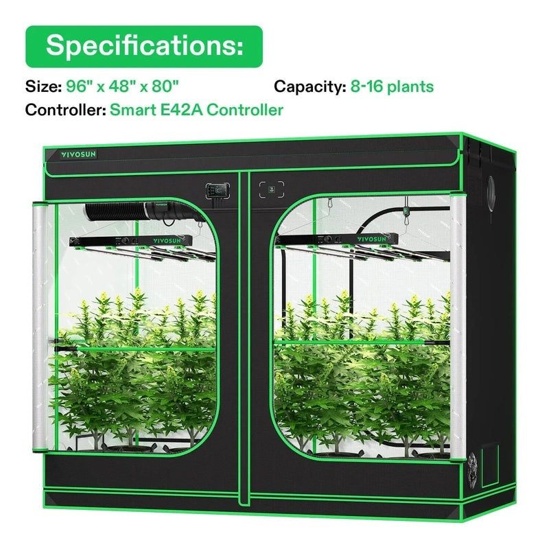 Vivosun Smart Grow Tent Kit GIY-SGS-84 Pro 4x8, 8-Plant Complete System 2x 450W VSFD4500 specifications 