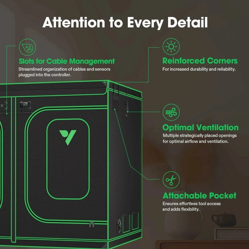 Vivosun Smart Grow Tent Kit GIY-SGS-88 Pro 8x8, 16-Plant Complete System attention to detail showing features 