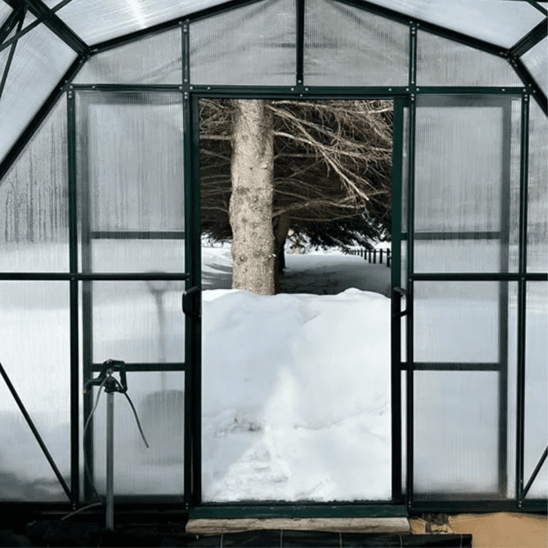 Grandio Summit Greenhouse inside view facing out in snowing conditions 