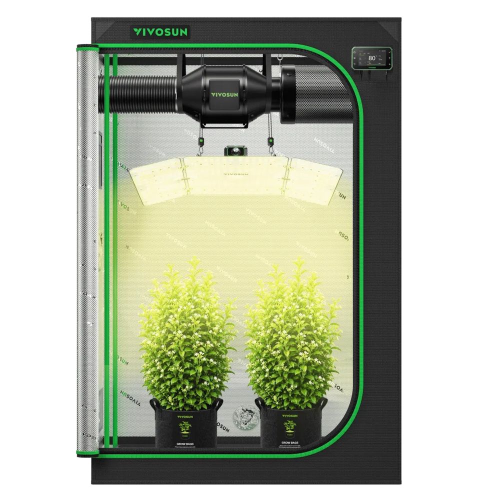 Vivosun 4x2 Smart Grow Tent Kit – 200W LumaLight & GrowHub E42A+ with two potted plants inside, shown on a clean white background.