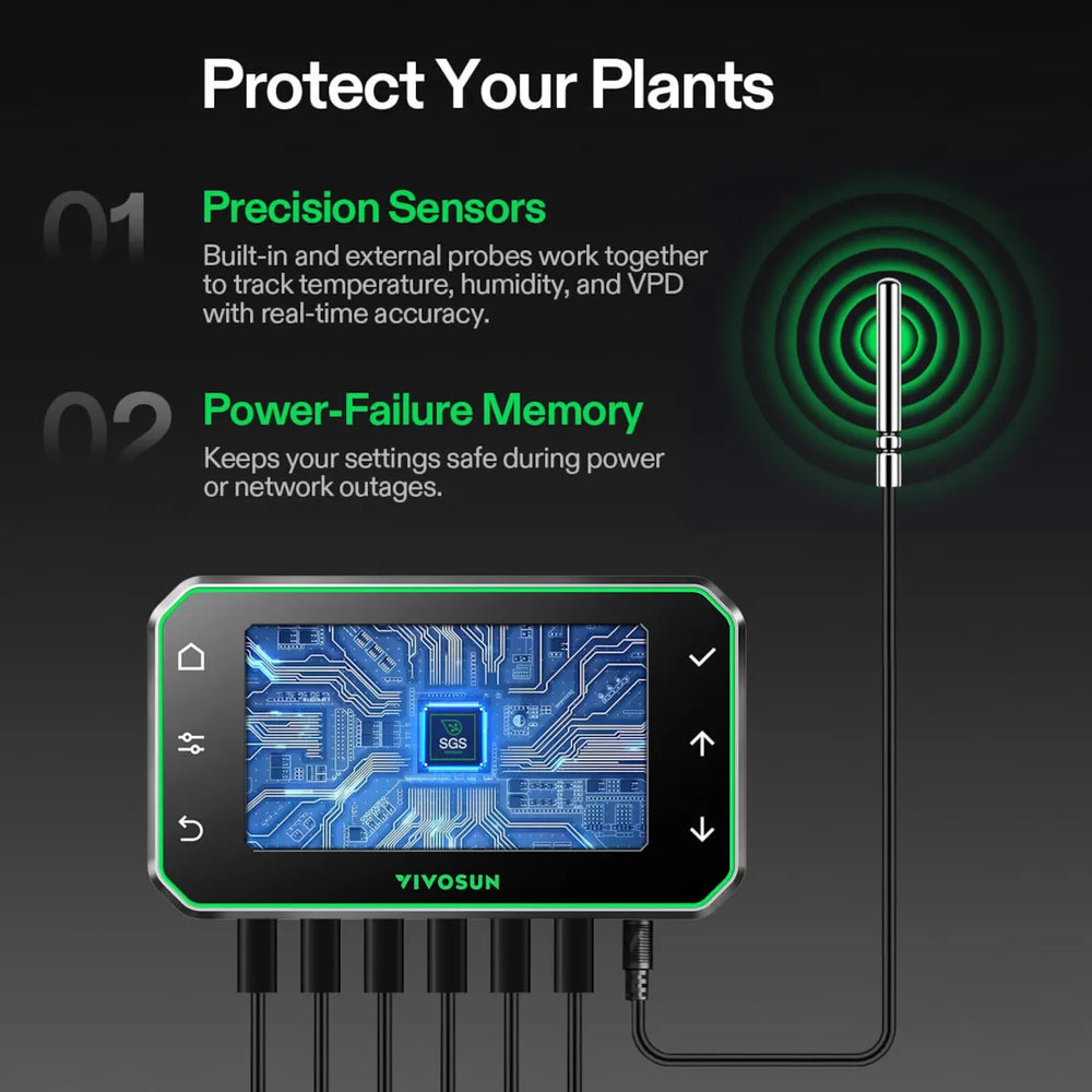 Vivosun GrowHub Controller E42A+ – Smart WiFi Environmental Control System  with digital display and antenna on a dark background, highlighting precision sensors and power-failure memory features.
