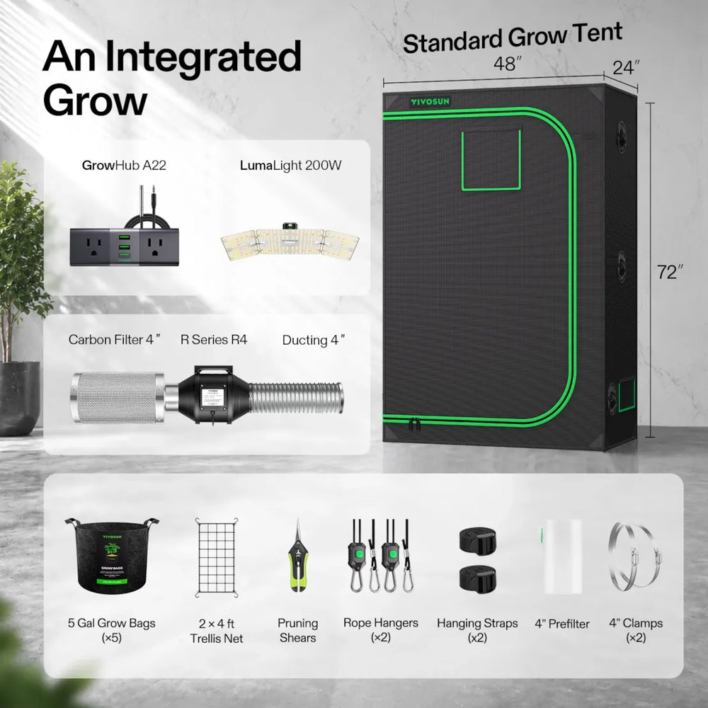 Vivosun 4x2 Starter Grow Tent Kit – 200W LumaLight & GrowHub A22 with all included accessories 