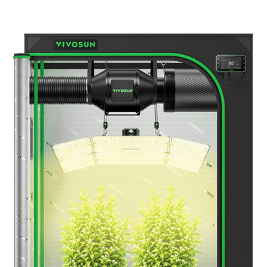 Vivosun 4x2 Smart Grow Tent Kit – 200W LumaLight & GrowHub E42A+ with a black interior, green trim, a hanging black air pump, and a bright LED panel emitting a yellow-green glow above two small plants.