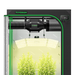 Vivosun 4x2 Smart Grow Tent Kit – 200W LumaLight & GrowHub E42A+ with a black interior, green trim, a hanging black air pump, and a bright LED panel emitting a yellow-green glow above two small plants.