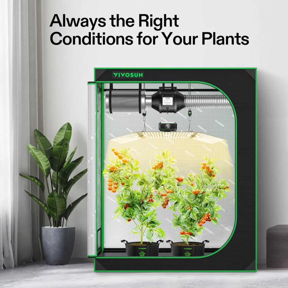 Vivosun 4x2 Starter Grow Tent Kit – 200W LumaLight & GrowHub A22 indoor grow tent with plants inside, labeled 'Always the Right Conditions for Your Plants'.