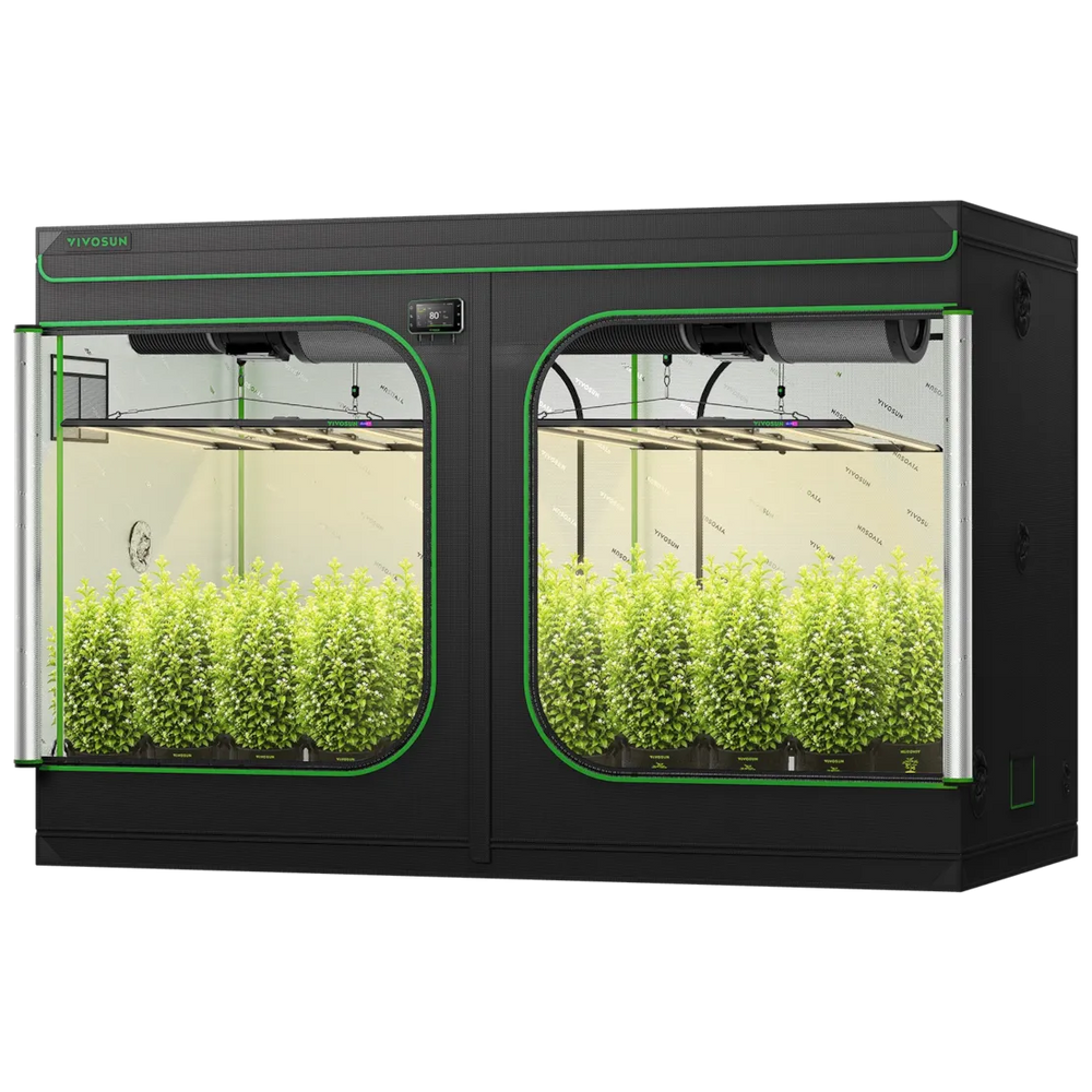 Vivosun 10x5 Smart Grow Tent Kit – 2x 750W LumaLight & GrowHub E42A+ with green trim, featuring plants inside on white background 