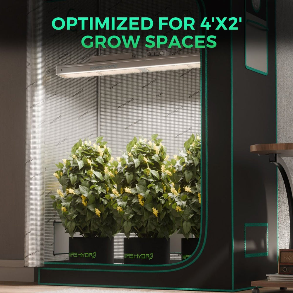 Mars Hydro SP3000 300W LED 2' x 4' Complete Grow Tent Kit Small indoor grow tent with plants and text indicating size optimization for 4'x2' grow spaces.