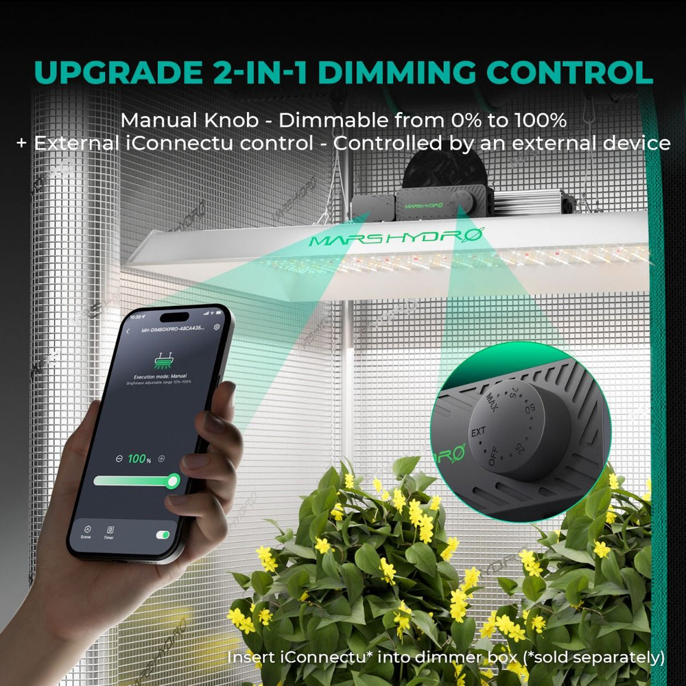 Mars Hydro TSW2000 300W 4x4 Smart Grow Tent Kit with iControl Smart lighting control system with smartphone app, manual knob, and plant in the background.