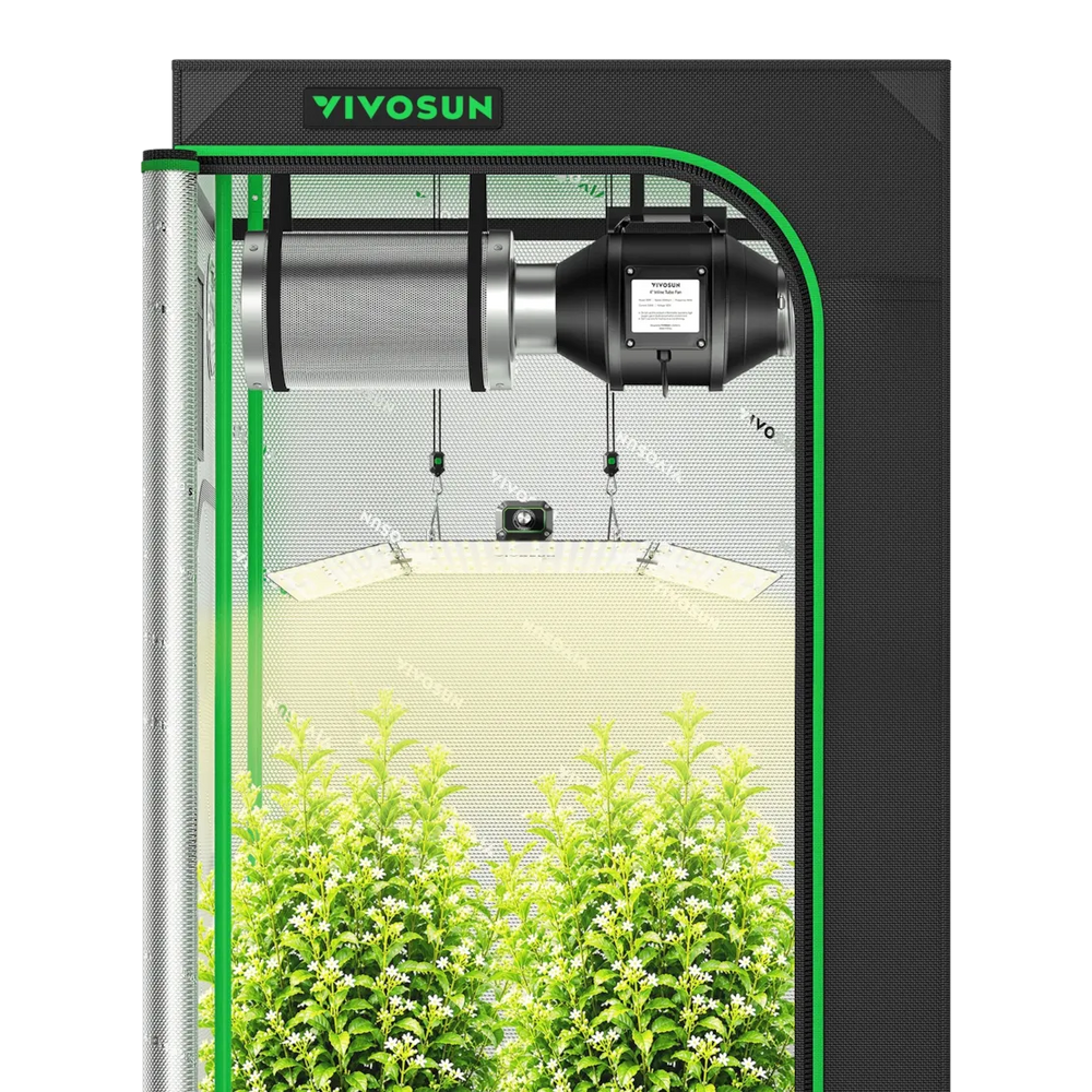 Vivosun 3x3 Starter Grow Tent Kit – 200W LumaLight & GrowHub A22  indoor grow tent with a black frame, green trim, and a hanging LED light fixture above, shown with green plants inside on a white background.