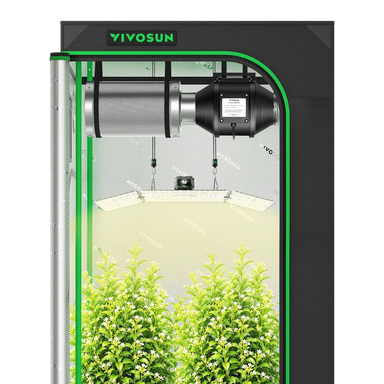 Vivosun 3x3 Starter Grow Tent Kit – 200W LumaLight & GrowHub A22  indoor grow tent with a black frame, green trim, and a hanging LED light fixture above, shown with green plants inside on a white background.