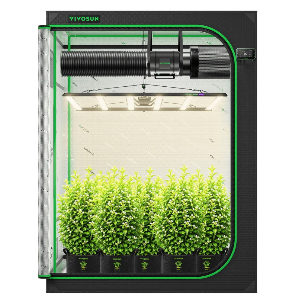 Vivosun 5x5 Smart Grow Tent Kit – 750W LumaLight & GrowHub E42A+ with a black frame, green-lit transparent enclosure, hanging grow light, and several small green plants in black pots on a white background.