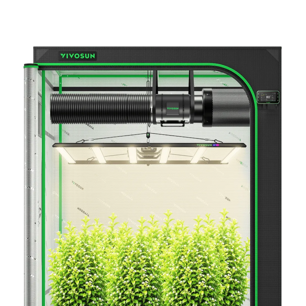 Vivosun 5x5 Smart Grow Tent Kit – 750W LumaLight & GrowHub E42A+ with a black frame, green LED lighting, and a corrugated air pump, shown with a green artificial plant inside.