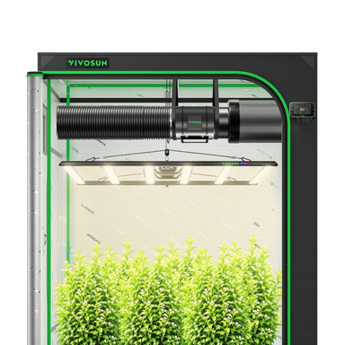 Vivosun 5x5 Smart Grow Tent Kit – 750W LumaLight & GrowHub E42A+ with a black frame, green LED lighting, and a corrugated air pump, shown with a green artificial plant inside.