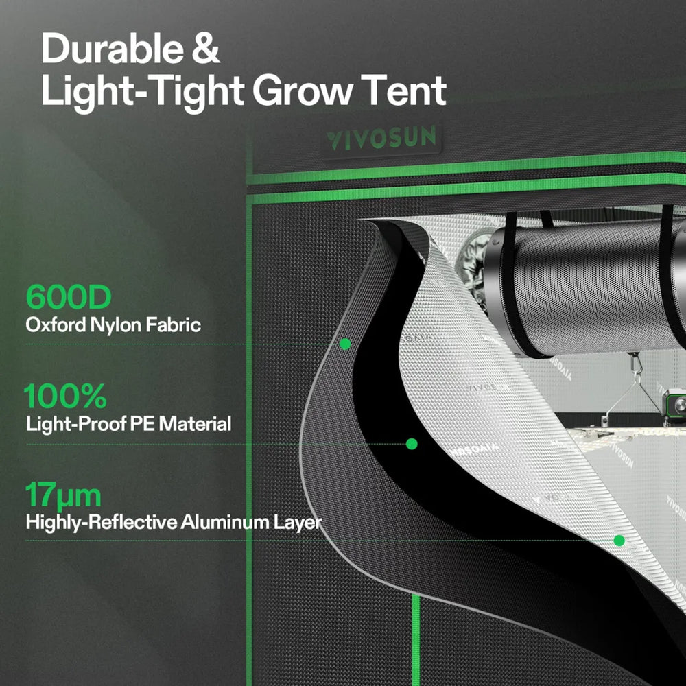 Vivosun 4x2 Starter Grow Tent Kit – 200W LumaLight & GrowHub A22 VIVOSUN durable light-tight grow tent with fabric and material details on a gray background