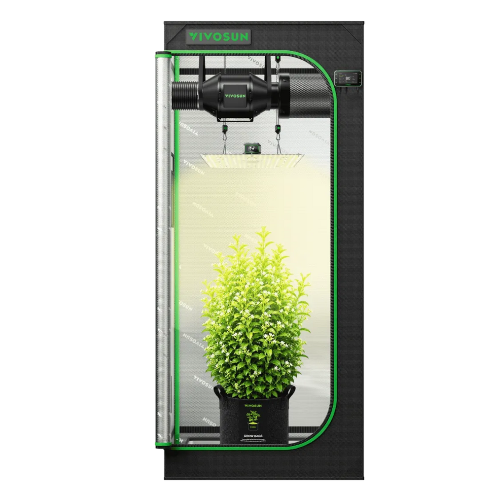 Vivosun 2.3x2.3 Smart Grow Tent Kit – 150W LumaLight & GrowHub E42A+ A black grow light tent with a green trim, housing a potted green plant under a bright dome light. The brand 'Vivosun' is visible on the top front panel and the pot.