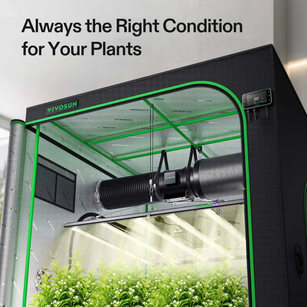 Vivosun 5x5 Smart Grow Tent Kit – 750W LumaLight & GrowHub E42A+ with green trim and interior LED lighting, shown with plants inside and the text 'Always the Right Condition for Your Plants' on a light gray background.