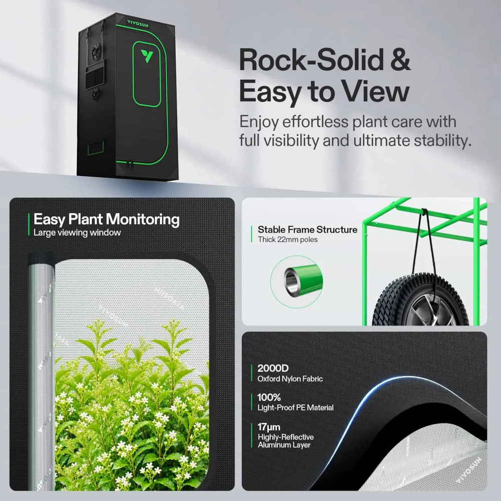 Vivosun 2.3x2.3 Smart Grow Tent Kit Pro 2000D grow tent with large viewing window, 22mm frame poles and reflective interior