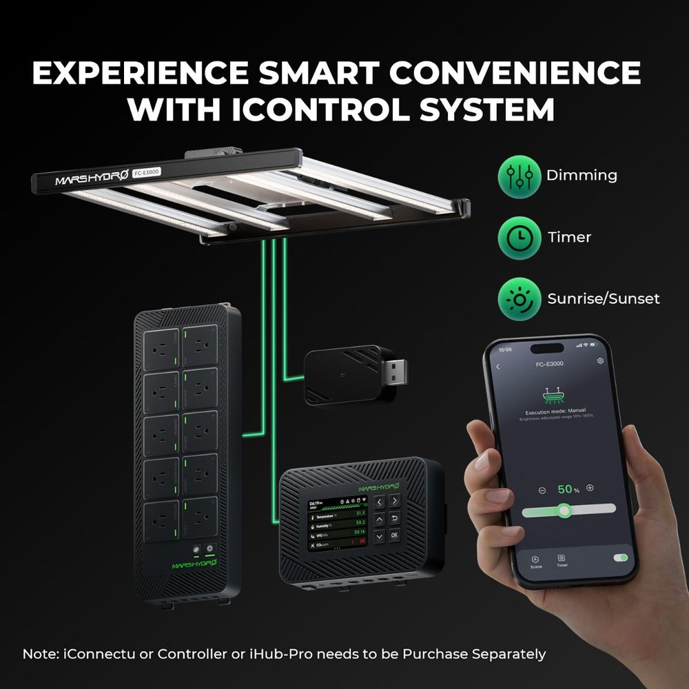 Mars Hydro FC-E4800 480W LED 4x4 Complete Grow Tent Kit Smart lighting control system with smartphone app on a black background