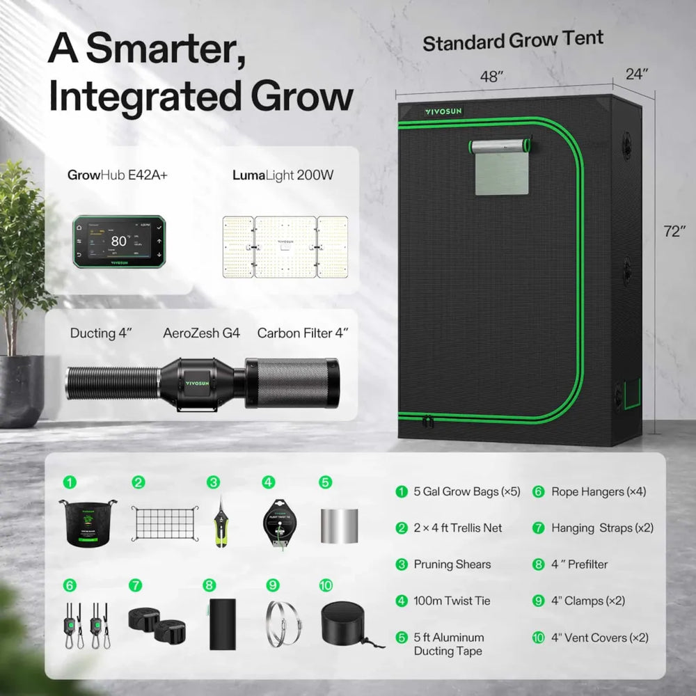 Vivosun 4x2 Smart Grow Tent Kit – 200W LumaLight & GrowHub E42A+ with integrated grow light, humidifier, fan, and filter, shown with accessories and a dimension diagram on a light gray background.