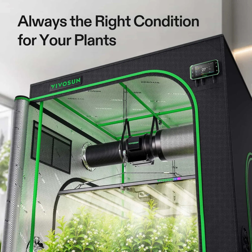 Vivosun 4x4 Smart Grow Tent Kit – 500W LumaLight & GrowHub E42A+ indoor grow tent with green trim and a hanging grow light, shown with plants inside and the text 'Always the Right Condition for Your Plants' at the top.