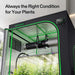 Vivosun 4x4 Smart Grow Tent Kit – 500W LumaLight & GrowHub E42A+ indoor grow tent with green trim and a hanging grow light, shown with plants inside and the text 'Always the Right Condition for Your Plants' at the top.
