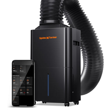Spider Farmer 32-Pint Dehumidifier – Smart Humidity Control for Grow Tents Black Spider Farmer device with a hose and smartphone displaying app interface on a white background