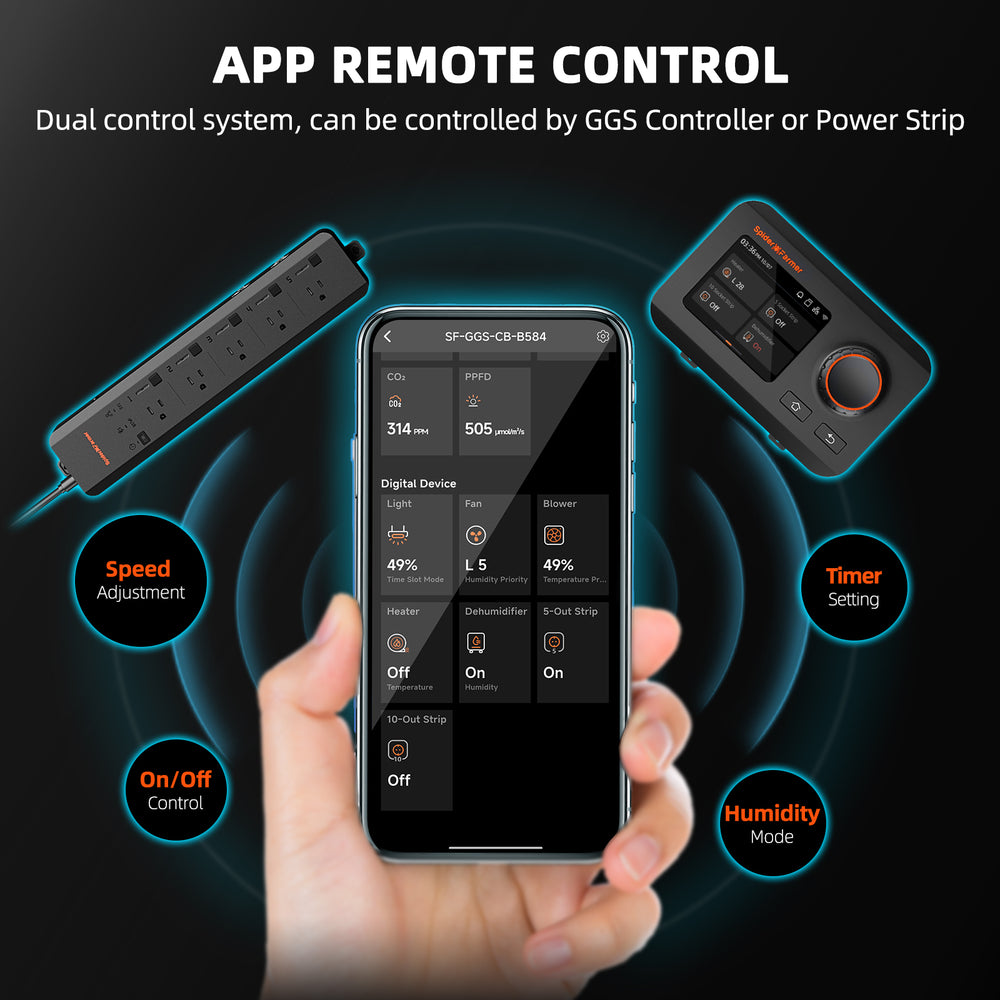 Spider Farmer 32-Pint Dehumidifier – Smart Humidity Control for Grow Tents Smartphone displaying app remote control interface with GGS controller and power strip on a dark background.