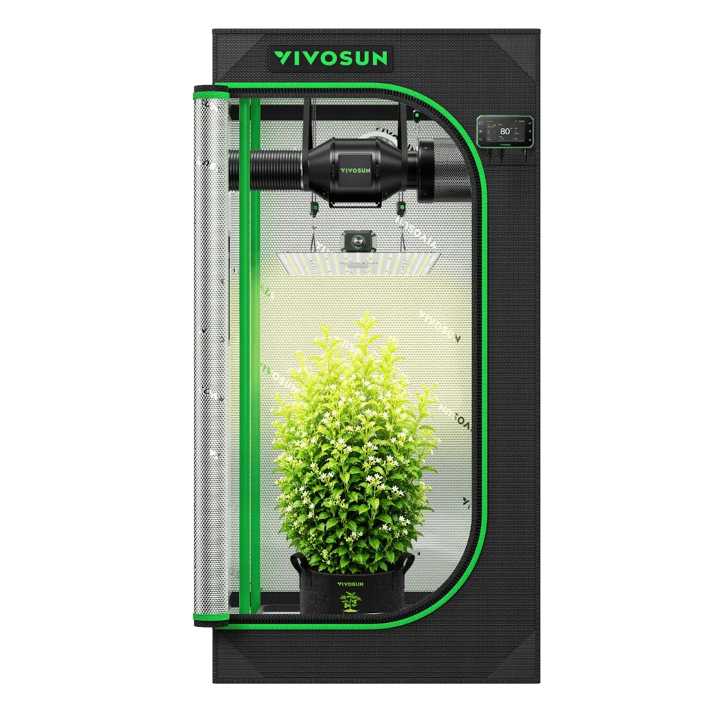 Vivosun 2x2 Smart Grow Tent Kit – 100W LumaLight & GrowHub E42A+ with a black textured exterior, green trim, a clear door, and a bright grow light inside illuminating a small green plant in a black pot.