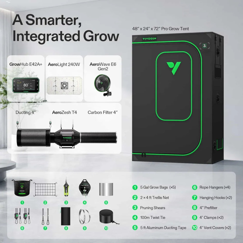Vivosun 4x2 Smart Grow Tent Kit Pro complete system with 240W AeroLight, GrowHub E42A+, AeroZesh T4, carbon filter and grow accessories