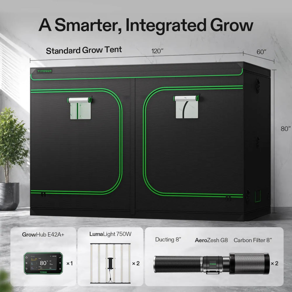 Vivosun 10x5 Smart Grow Tent Kit – 2x 750W LumaLight & GrowHub E42A+ green trim and white ventilation windows, shown with dimension labels and accessory callouts for a smart integrated grow setup.